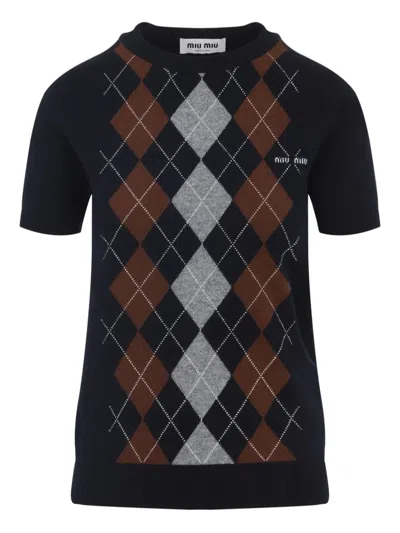 Miu Miu Argyle-pattern Short-sleeve Top In Multi