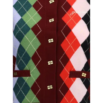 Ganni Multicolor Crewneck Cardigan With Jewel Buttons And Gemetric Motif On The Front
