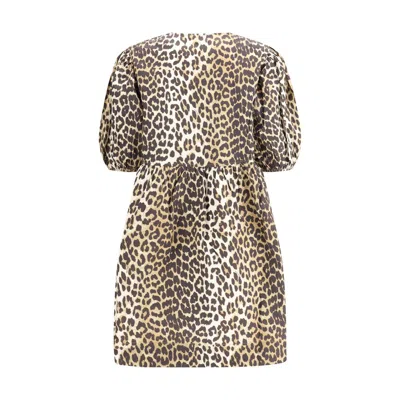 Ganni Printed Tie String Poplin Mini Dress In Animal Print