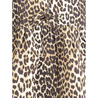 Ganni Printed Tie String Poplin Mini Dress In Animal Print
