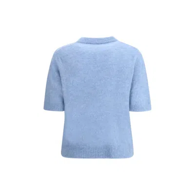Ganni Light Blue Crewneck T-shirt With Maxi Logo Embroidery On The Front
