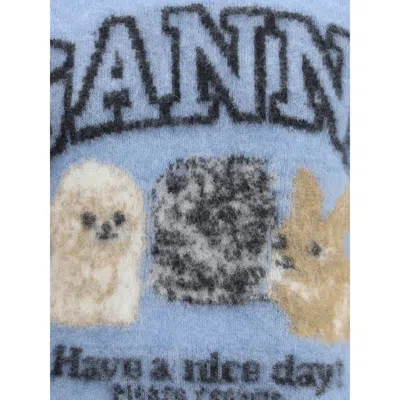 Ganni Light Blue Crewneck T-shirt With Maxi Logo Embroidery On The Front