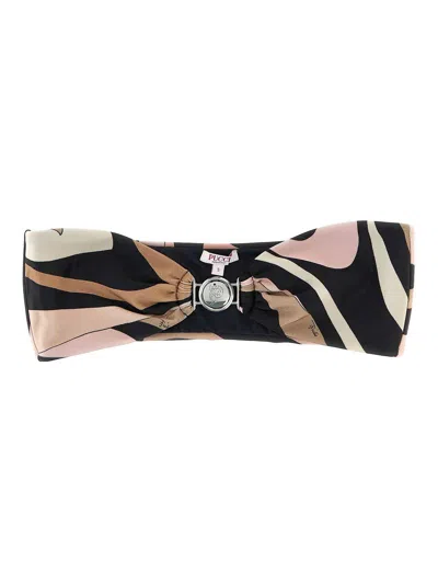 Pucci Bandeau Swim Top With Abstract Pattern And Metal Ring Detail In Black