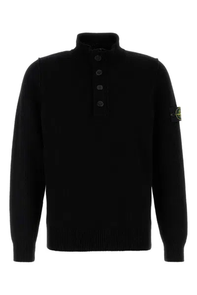 Stone Island High Collar Pullover With Buttoned Placket And Logo Patch In Black