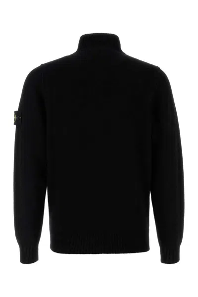 Stone Island High Collar Pullover With Buttoned Placket And Logo Patch In Black