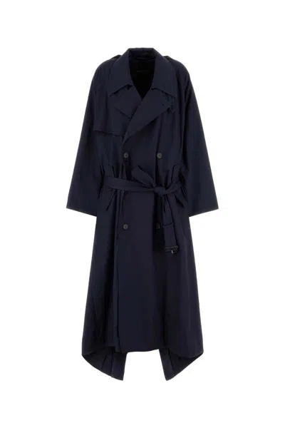 Balenciaga Women Navy Blue Cotton Oversize Trench Coat In Blue