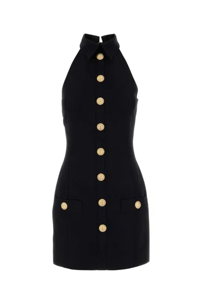 Balmain Black Dress With Pointed Collar And Logo Buttons On The Front