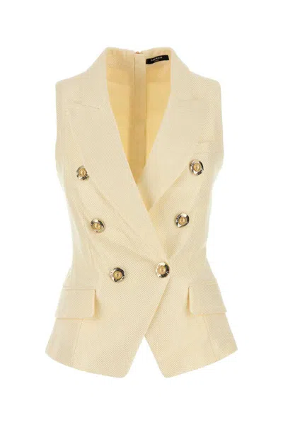 Balmain Jacquard Vest With Flap Pockets And Gold-tone Buttons In Yellow
