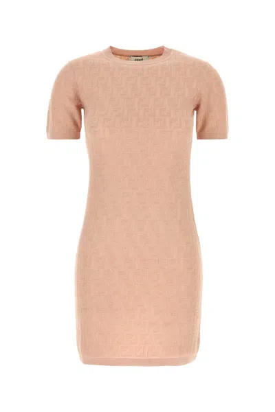 Fendi Cotton Short Sleeve Dress With Textured Pattern In Neutral