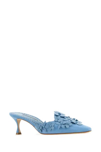 Manolo Blahnik Light Blue Suede Harnes Mules