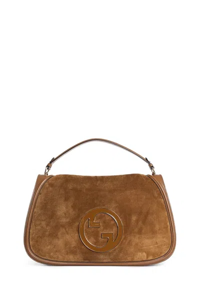 Gucci Large Structured Suede Handbag With Top Handle In Brown