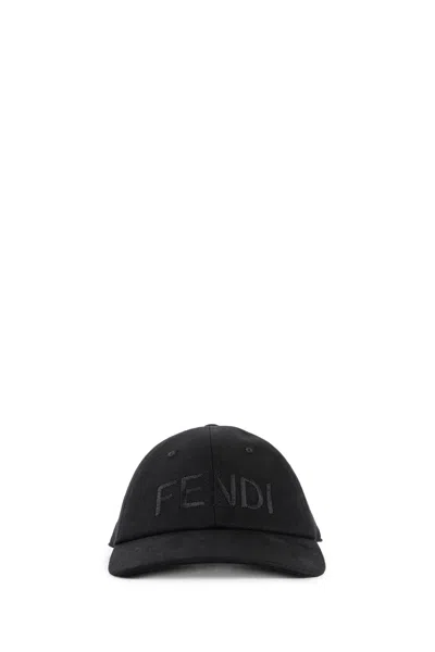 Fendi Men Wool Blend Baseball Hat With Logo Embroidery In Black