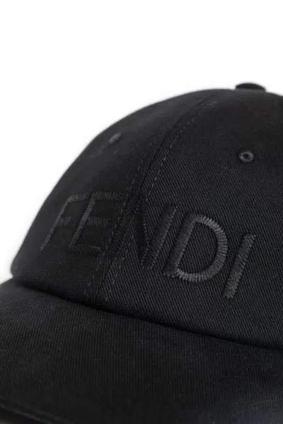 Fendi Men Wool Blend Baseball Hat With Logo Embroidery In Black