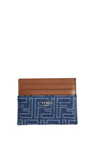 Fendi Blue Denim Effect Ff Jacquard Card Holder And Brown Leather Men