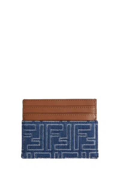 Fendi Blue Denim Effect Ff Jacquard Card Holder And Brown Leather Men