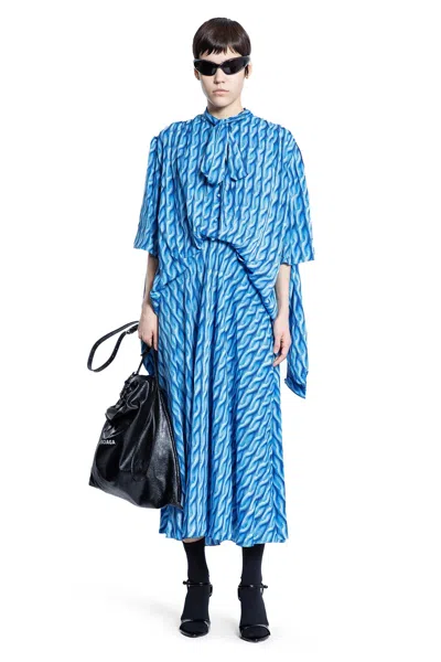 Balenciaga Patterned Draped Midi Dress In Blue