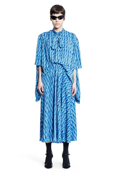 Balenciaga Patterned Draped Midi Dress In Blue