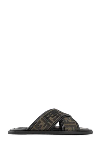 Fendi Double Crossed Band Logo Slides With Jacquard Ff Design In Black