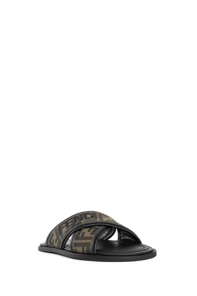 Fendi Double Crossed Band Logo Slides With Jacquard Ff Design In Black