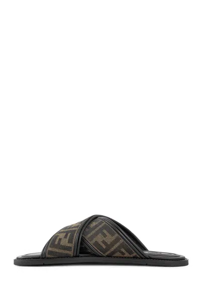 Fendi Double Crossed Band Logo Slides With Jacquard Ff Design In Black