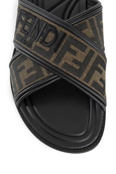 Fendi Double Crossed Band Logo Slides With Jacquard Ff Design In Black