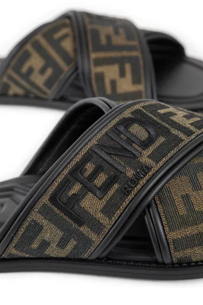 Fendi Double Crossed Band Logo Slides With Jacquard Ff Design In Black