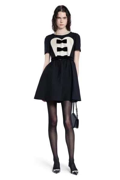 Valentino Bow-detailed Velvet And Ribbed Satin-trimmed Wool And Silk-blend Mini Dress In Black