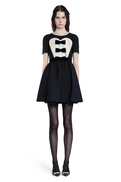 Valentino Bow-detailed Velvet And Ribbed Satin-trimmed Wool And Silk-blend Mini Dress In Black