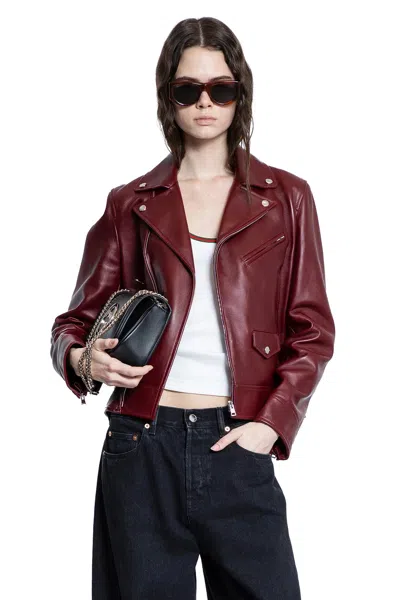Gucci Leather Biker Jacket Puffer Jackets Brown In Red
