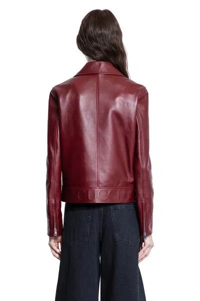 Gucci Leather Biker Jacket Puffer Jackets Brown In Red