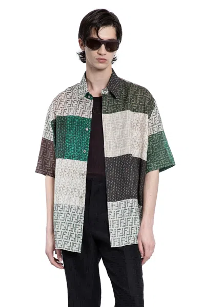Fendi Men Linen Shirt With All-over Ff Print In Multi