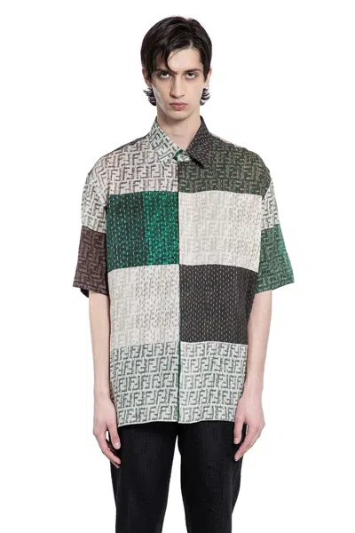 Fendi Men Linen Shirt With All-over Ff Print In Multi