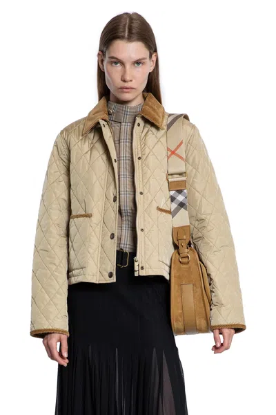 Burberry Oldham Beige Quilted Jacket With Corduroy Collar In Tech Fabric Woman In Neutral