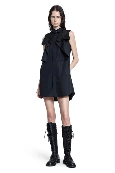 Sacai Poplin Dress With Cap Sleeves And Ruffled Detail In Black
