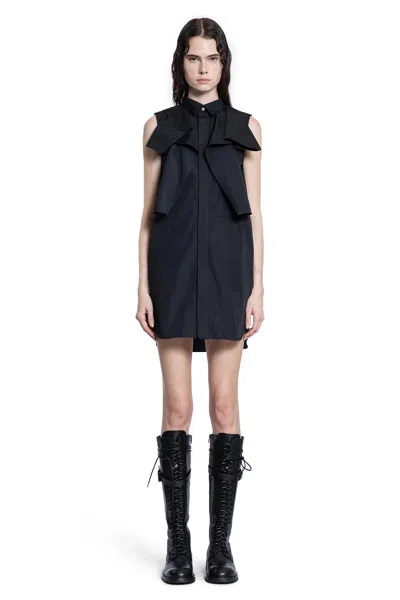 Sacai Poplin Dress With Cap Sleeves And Ruffled Detail In Black