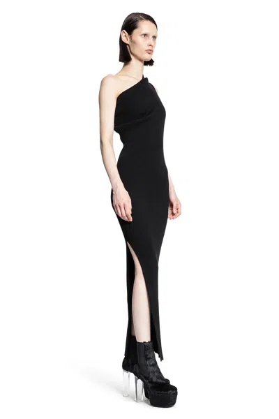 Rick Owens Athena Long Black Ribbed One Shoulder Dress In Wool In Black