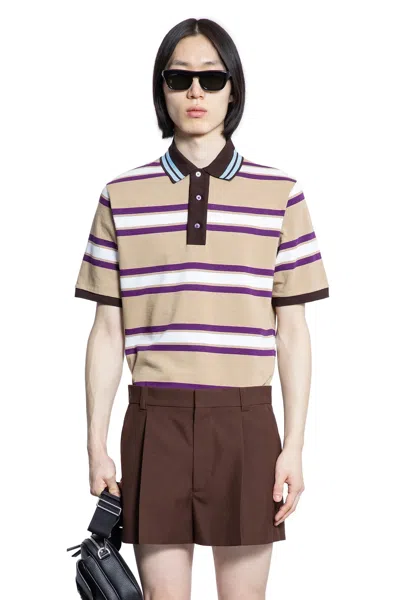 Gucci Beige Polo Shirt With Logo Imprinted On The Front And All-over Striped Motif In Cotton Man In Multi