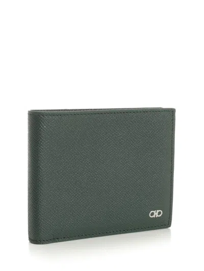 Ferragamo Micro Gancio Leather Bifold Wallet In Green