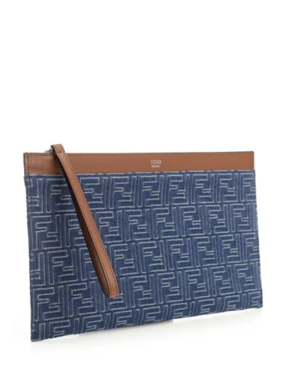 Fendi Medium Ff Flat Pouch Small Leather Goods Blue In Multi