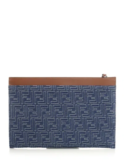 Fendi Medium Ff Flat Pouch Small Leather Goods Blue In Multi