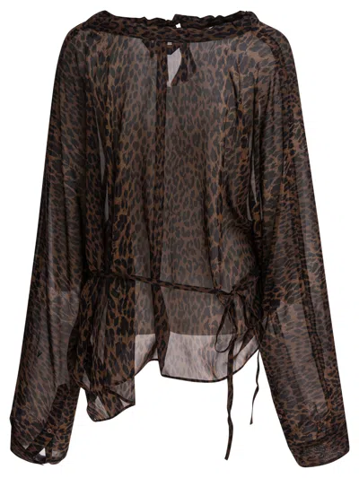 Balenciaga Sheer Silk Blouse With Leopard Print