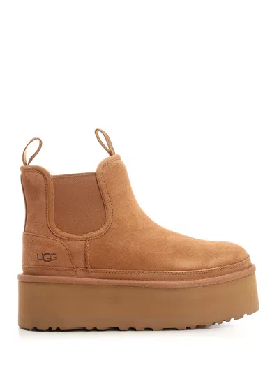 Ugg Womens Tan Neumel Platform Chelsea Logo-patch Suede Ankle Boots