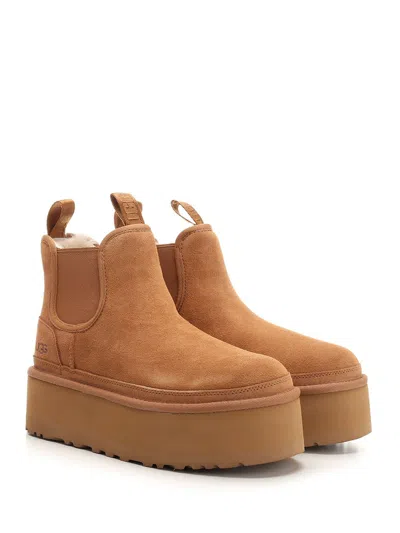 Ugg Womens Tan Neumel Platform Chelsea Logo-patch Suede Ankle Boots
