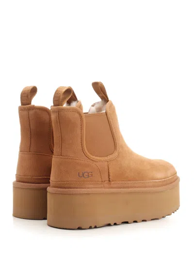 Ugg Womens Tan Neumel Platform Chelsea Logo-patch Suede Ankle Boots