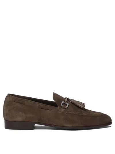 Ferragamo Almond Toe Suede Finish Tassel Loafers
