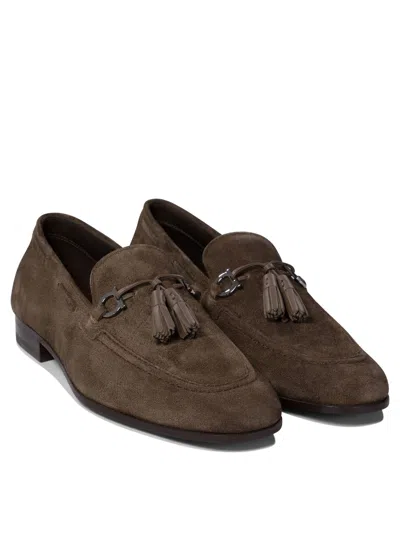 Ferragamo Almond Toe Suede Finish Tassel Loafers