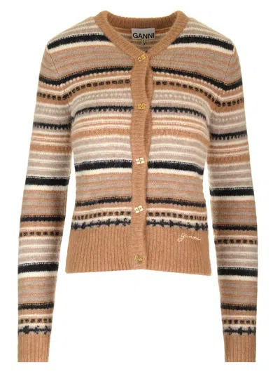 Ganni Multicolor Striped Cardigan With Logo Embroidery In Wool Woman