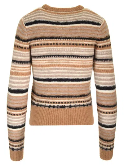 Ganni Multicolor Striped Cardigan With Logo Embroidery In Wool Woman