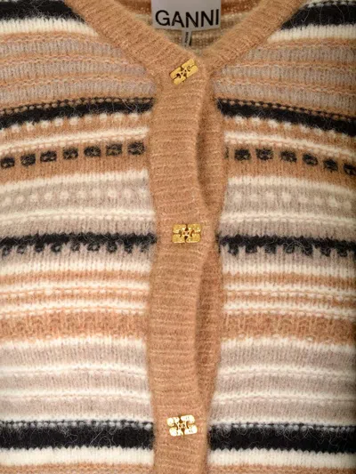 Ganni Multicolor Striped Cardigan With Logo Embroidery In Wool Woman