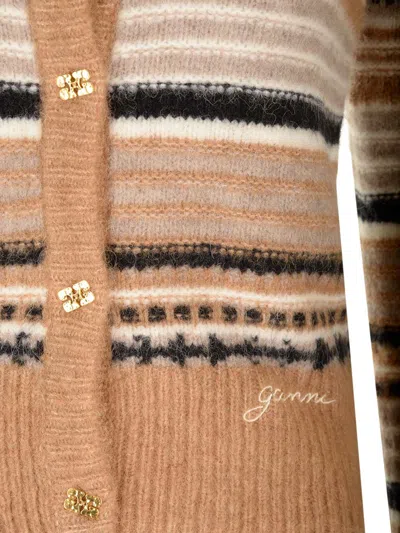 Ganni Multicolor Striped Cardigan With Logo Embroidery In Wool Woman